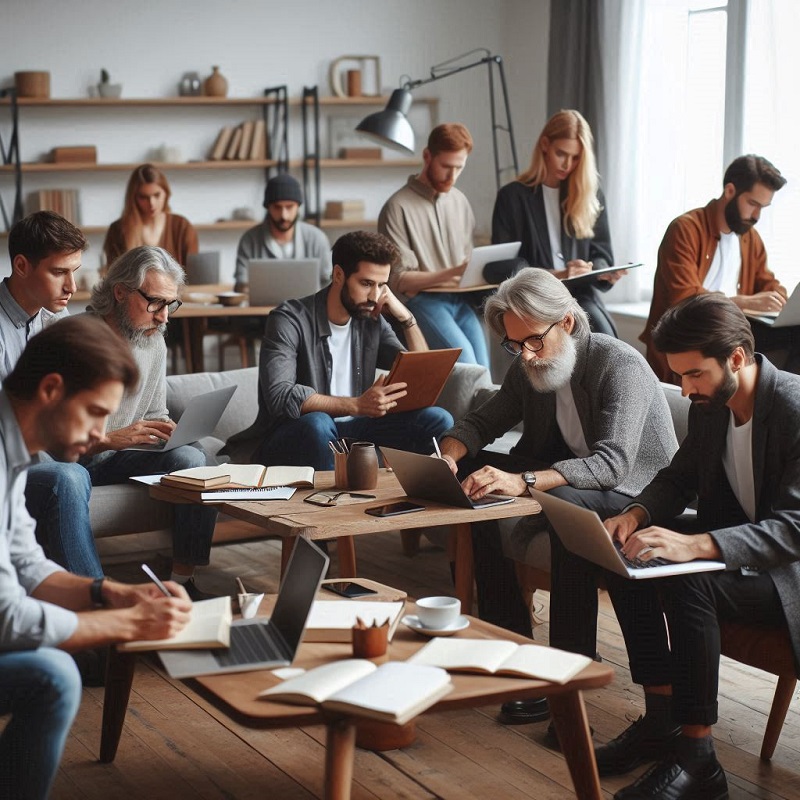 10 pessoas trabalhando em uma sala