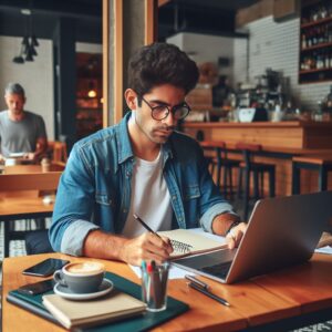 Pessoa trabalhando em um projeto freelancer em um café, com um laptop e um café ao lado