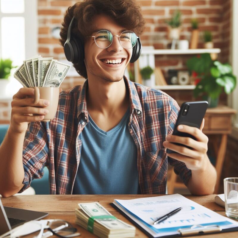 homem trabalhando em um local agradável, sorrindo, ouvindo música, usando óculos de grau, tomando café com dinheiro, ganhando dinheiro pelo celular