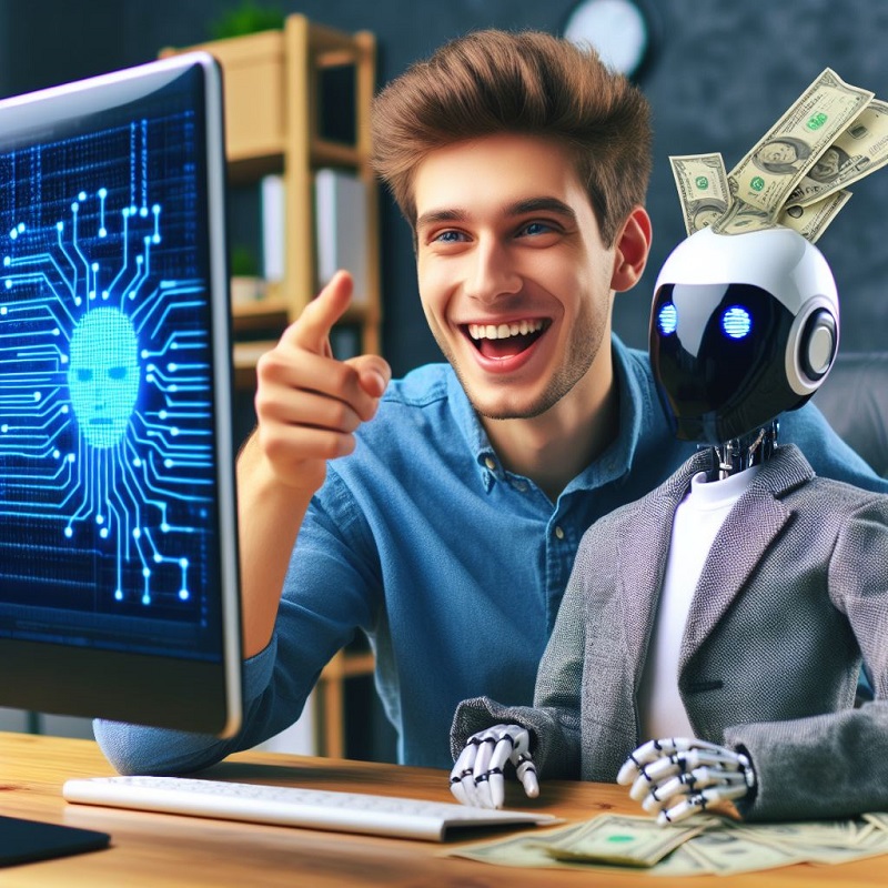 homem feliz por estar ganhando dinheiro com inteligência artificial, olhando para o computador, ao lado de um robô com dinheiro na cabeça