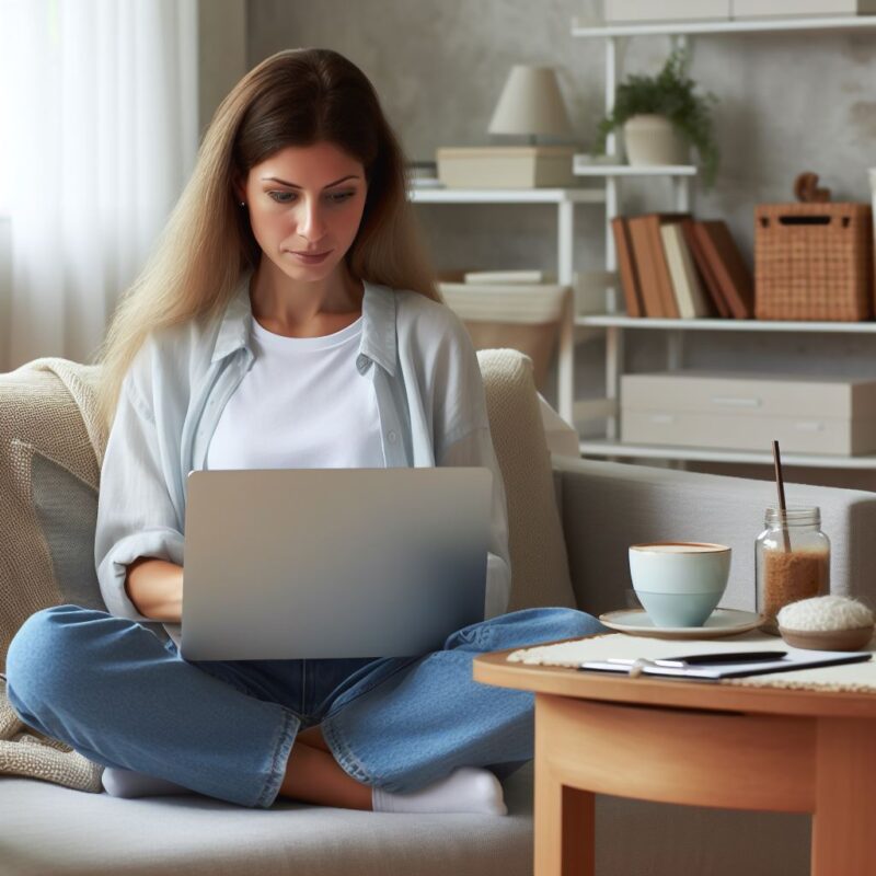 Imagem de uma pessoa trabalhando em um ambiente confortável em casa, com um laptop e uma xícara de café, transmitindo a ideia de trabalho remoto e renda extra online home office.